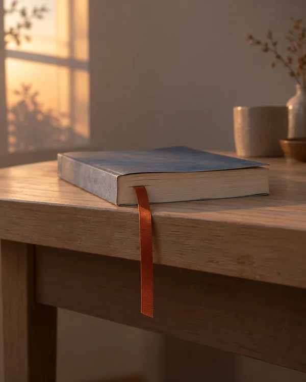 A closed slate-blue book lies near the edge of a pale wooden table, with a burnt-orange ribbon hanging over the front.
