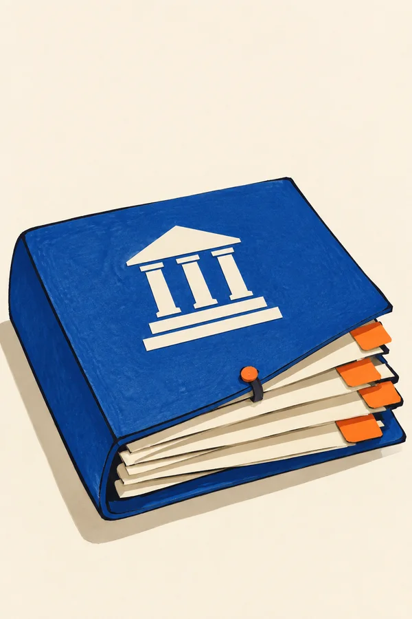 A large cobalt-blue archive folder lies diagonally on a warm ivory background, with cream paper sheets and orange tabs visible along its lower edge.