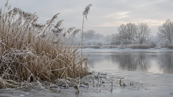 Frost-coated reeds crowd the left bank of a still winter pool, with one tall stem standing apart near the center; thin ice edges the water, which reflects a…