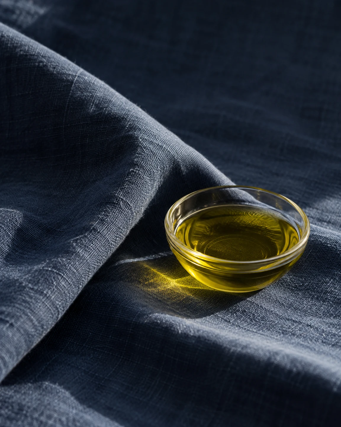 A clear glass dish of golden-green olive oil rests on deep indigo woven fabric, with a small warm patch of sunlight on the cloth beside it.