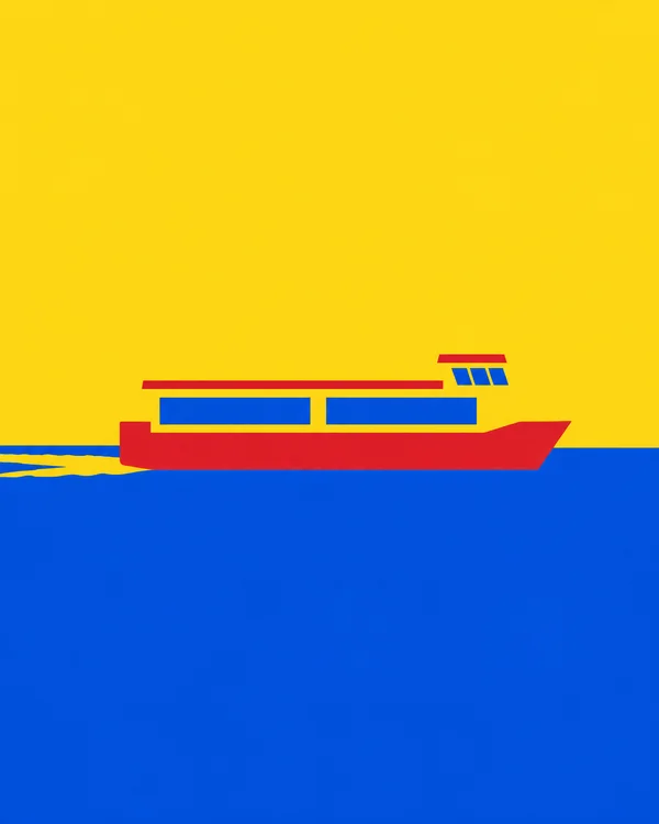 A red passenger ferry with two large blue window blocks and a raised blue-windowed wheelhouse crosses cobalt-blue water beneath a solid yellow sky, with a…