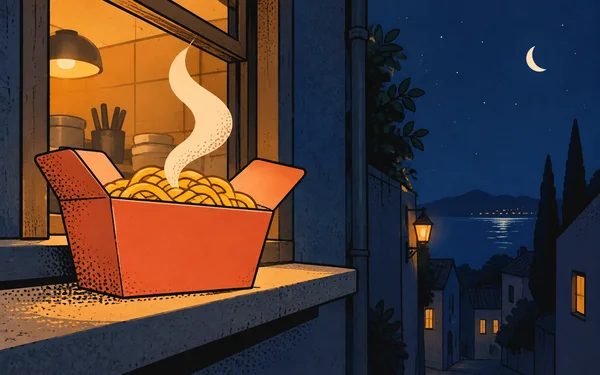 A wide coral takeaway carton filled with golden noodle loops sits on a stone ledge outside a warmly lit service window at night.