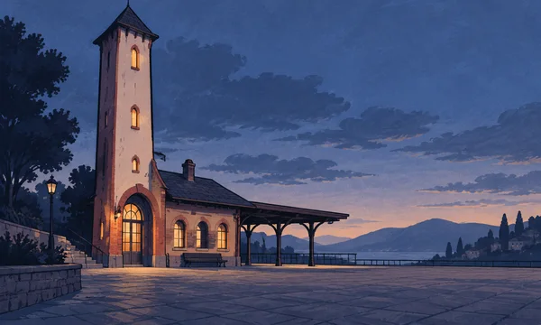 A tall brick railway station tower and low waiting hall with a lit arched entrance and platform canopy stand beside a broad paved forecourt at dusk, with…