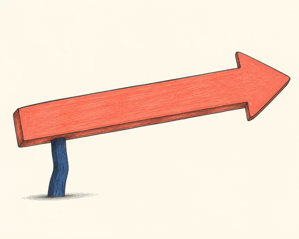 A long coral arrow sign points right and slightly upward, supported by a short, crooked navy-blue post against a warm cream background, with a sketchy ground…