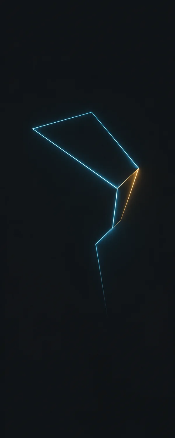 A cyan angular outline with a short amber section folds into a narrow descending line that fades against a deep charcoal background, surrounded by ample dark…