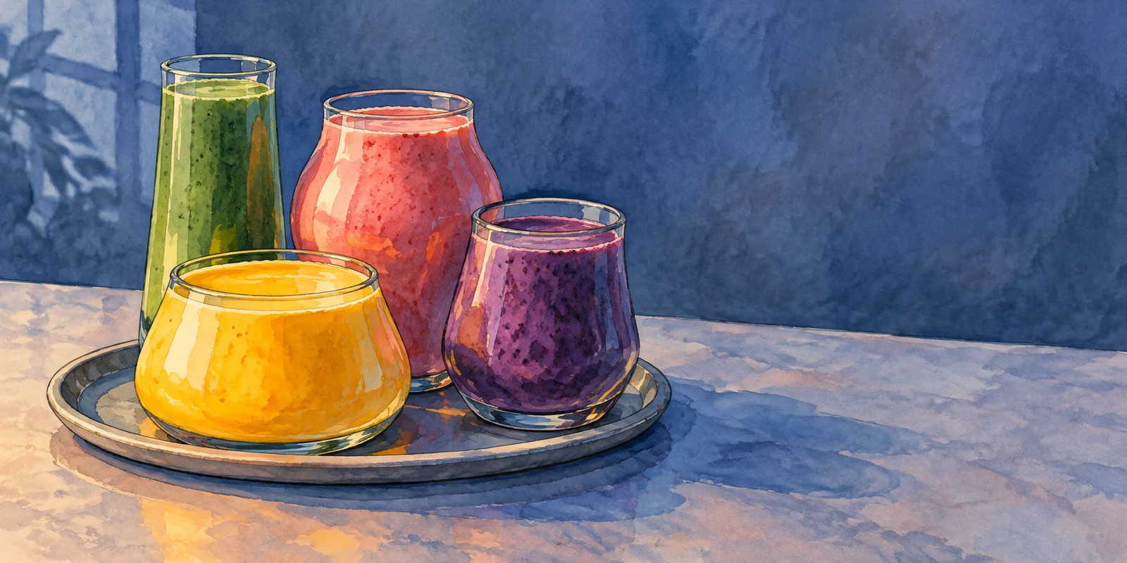 Four colorful smoothies in distinct glasses sit on a large oval tray on a tabletop: a squat golden drink in front, with green, pink, and purple drinks behind…