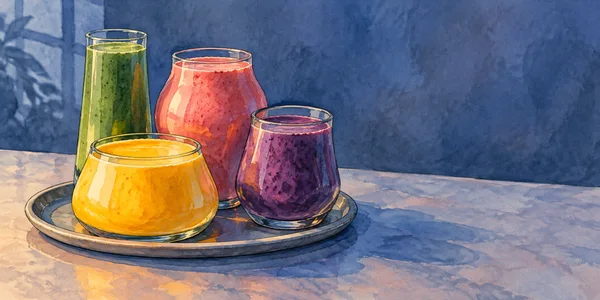 Four colorful smoothies in distinct glasses sit on a large oval tray on a tabletop: a squat golden drink in front, with green, pink, and purple drinks behind…