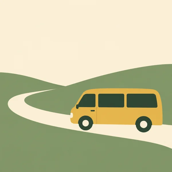 A mustard-yellow minibus with three dark windows and two circular wheels travels along a cream road curving through sage-green hills beneath a large cream sky.