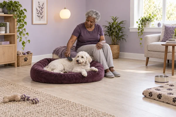 An older woman with short gray curls brushes a white curly-coated dog resting on a plum-colored bed in a softly lit living room with lilac walls, plants, a…