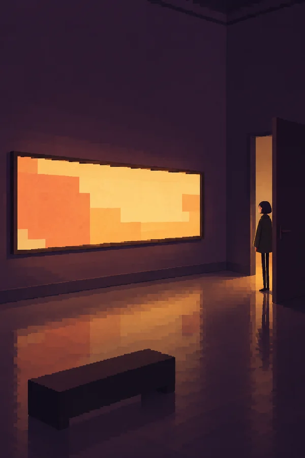 A tiny dark-clad visitor pauses in a doorway facing a wide, glowing abstract painting in a dim plum-coloured gallery; warm light reflects across the floor, and…