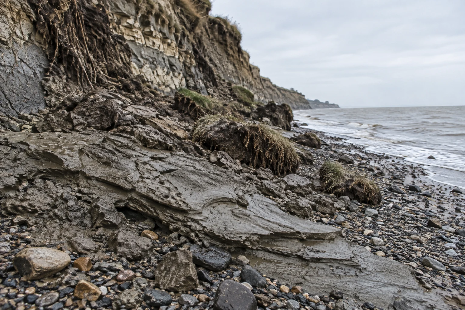 A low viewpoint across a pebble beach shows layered grey-brown shale and slumped turf below a steep, root-draped cliff, with a grey sea and pale overcast sky…