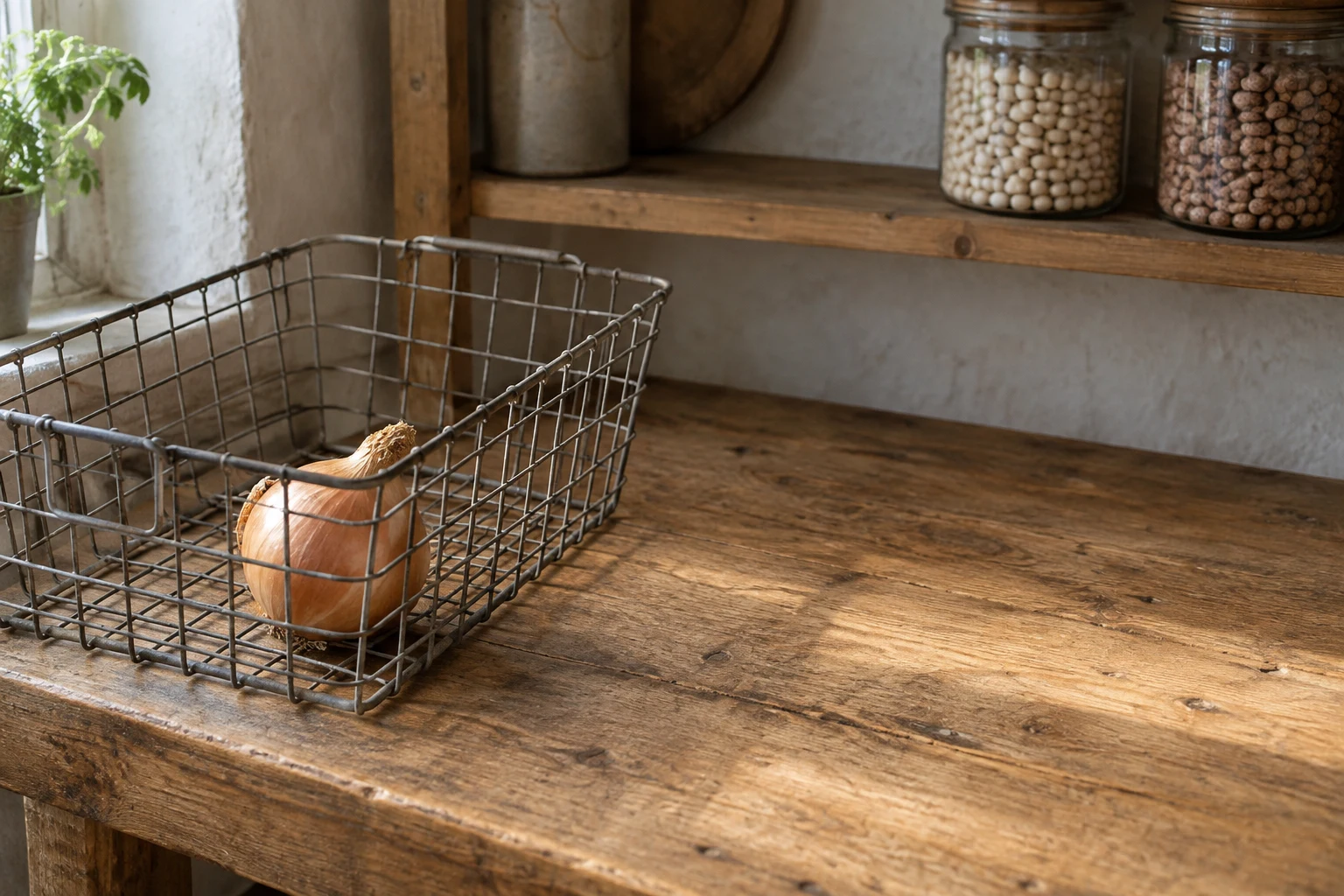 A brown onion sits in the front corner of a grey wire basket on a wooden pantry workbench, with jars of dry beans on a shelf behind and a potted plant beside…