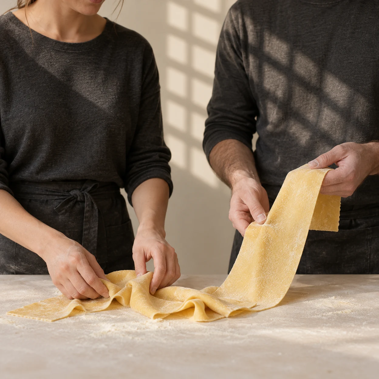 Two adults in charcoal tops handle a broad pale-yellow pasta sheet over a flour-dusted worktable, with a checker pattern of light and shadow across their…