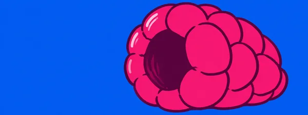 A large hot-pink raspberry with rounded lobes and a dark hollow opening sits against a vivid blue background, leaving open space on the left.
