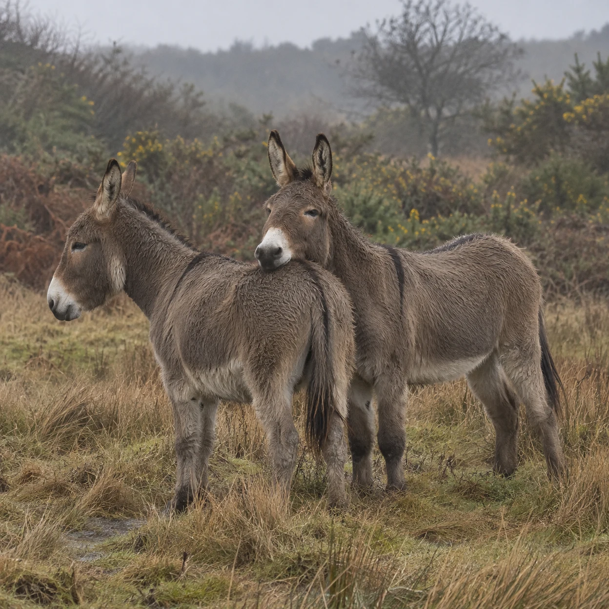 Two shaggy brown donkeys stand close together in tawny grass, with one resting its chin on the other's back; gorse, bracken and bare trees fade into a grey…