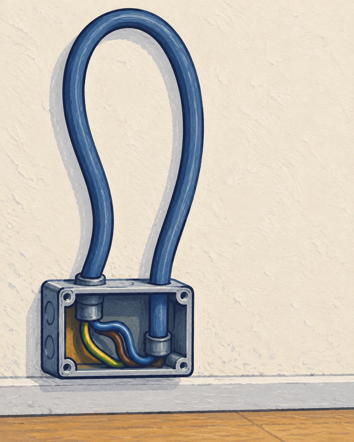 A large slate-blue cable rises in a tall loop from an open junction box on a textured ivory wall, with several colored wires visible inside the box and a strip…