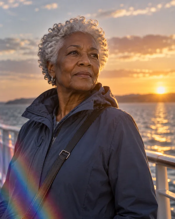 An older woman with short silver curls stands on a ferry deck in a slate-blue coat and crossbody strap, looking to the side as sunset glows over the water…