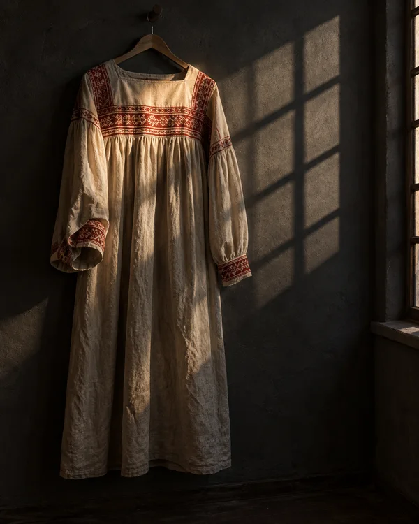 A long oatmeal-colored linen dress with red stitched bands hangs from a wooden hanger on a dark plaster wall.