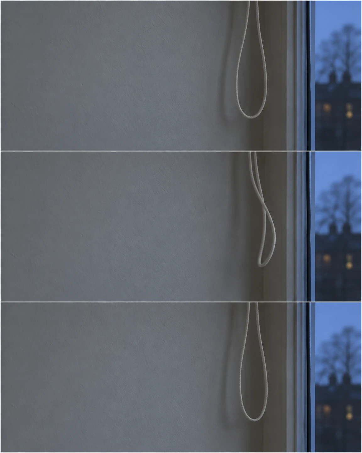 A white pull-cord loop hangs beside a narrow window edge in three stacked views, against a pale grey wall with blue dusk light and blurred trees outside.