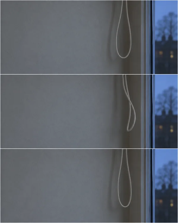 A white pull-cord loop hangs beside a narrow window edge in three stacked views, against a pale grey wall with blue dusk light and blurred trees outside.