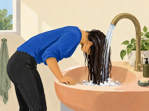 A person in a cobalt shirt bends over a wide peach basin, rinsing long dark hair under a curved faucet.