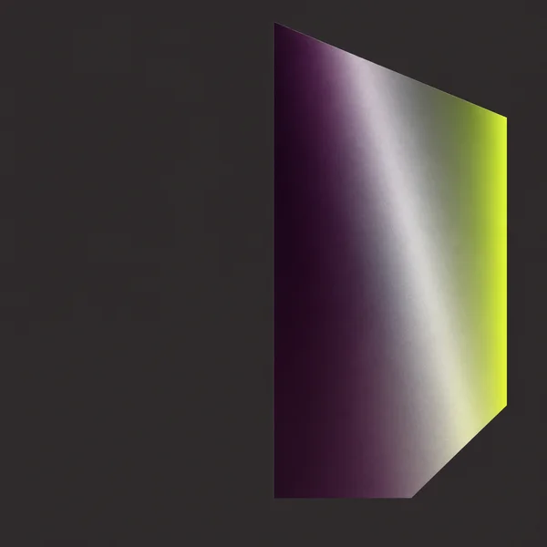 A tall, clipped quadrilateral with a plum-to-silver-to-chartreuse sheen sits right of centre on a warm charcoal background, leaving broad negative space on the…