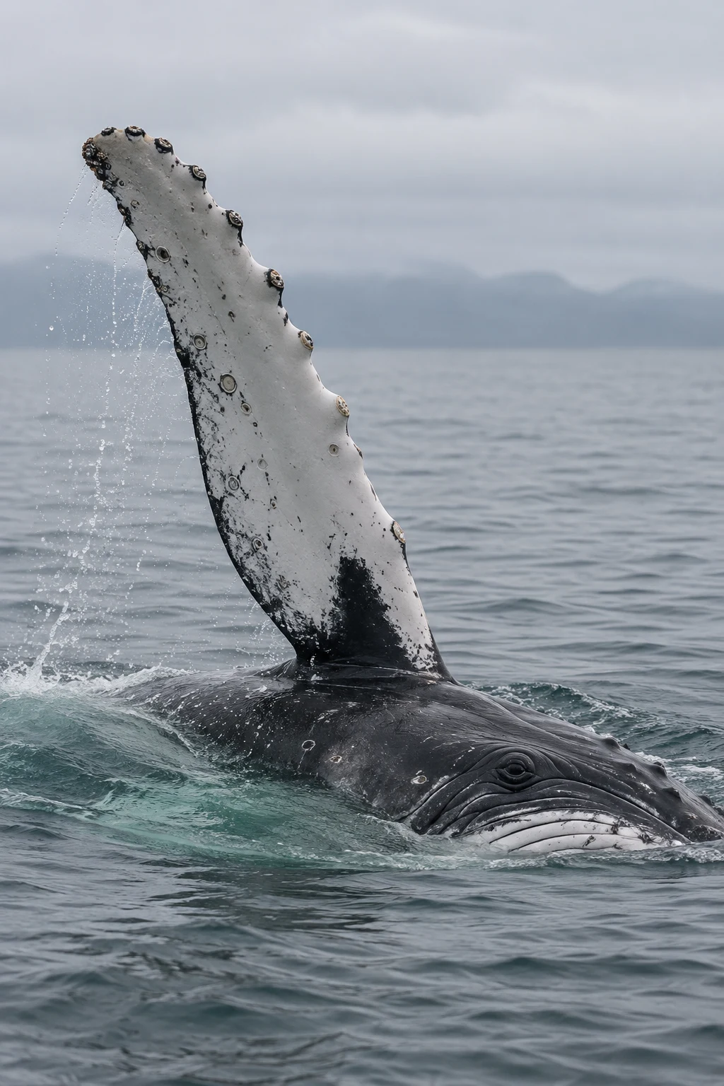A humpback whale surfaces in a grey sea with one long pale pectoral fin raised and dripping; its dark head, eye and throat grooves are visible at the waterline.