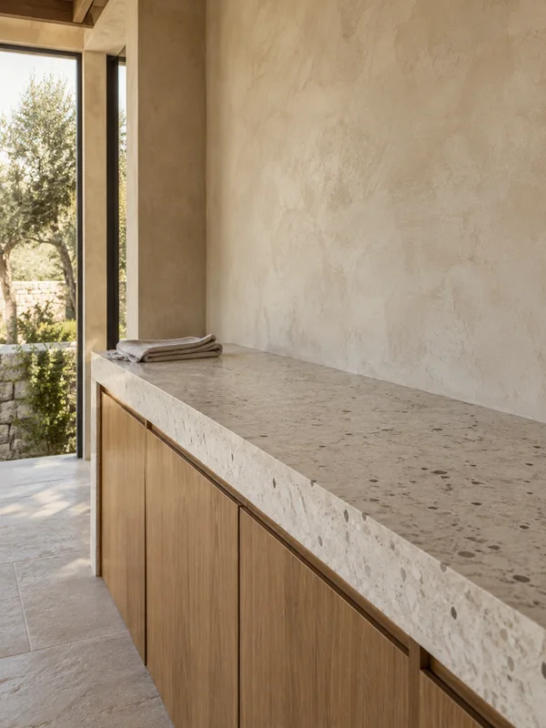 A pale terrazzo counter with thick edge and natural-oak cabinet fronts runs along a warm plaster wall in a sheltered outdoor loggia.