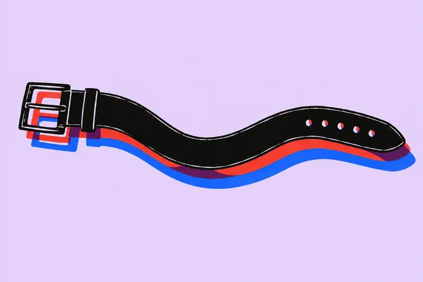 A black belt with a rectangular buckle and five punched holes lies in a broad S-curve on a pale lilac background, with offset vermilion and cobalt versions…