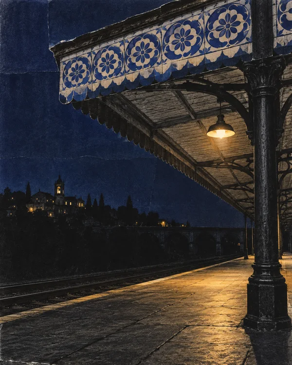 An empty stone railway platform at night beneath a dark iron canopy, with a cobalt-and-ivory floral tile band, a glowing amber lamp, tracks, and distant…