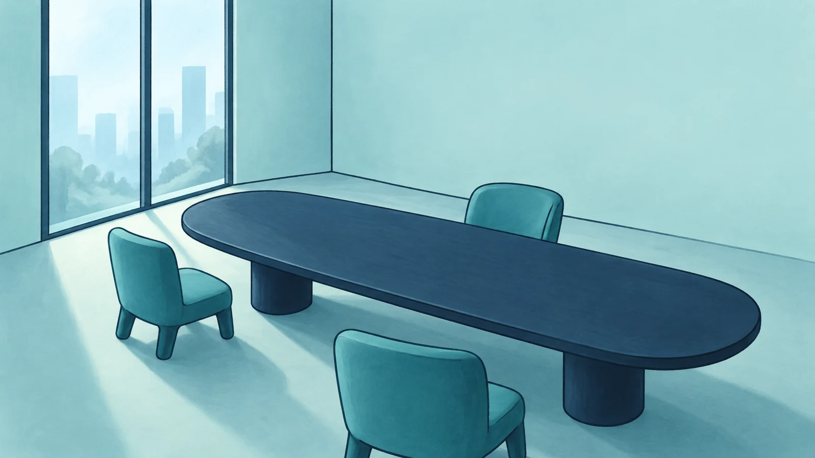 An elongated navy meeting table with two chunky cylindrical supports stands in a pale aqua room, surrounded by three turquoise chairs.