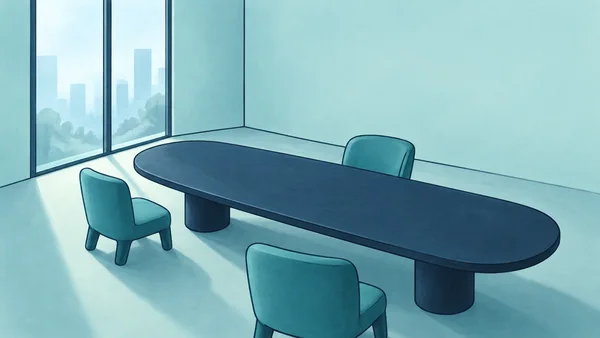 An elongated navy meeting table with two chunky cylindrical supports stands in a pale aqua room, surrounded by three turquoise chairs.
