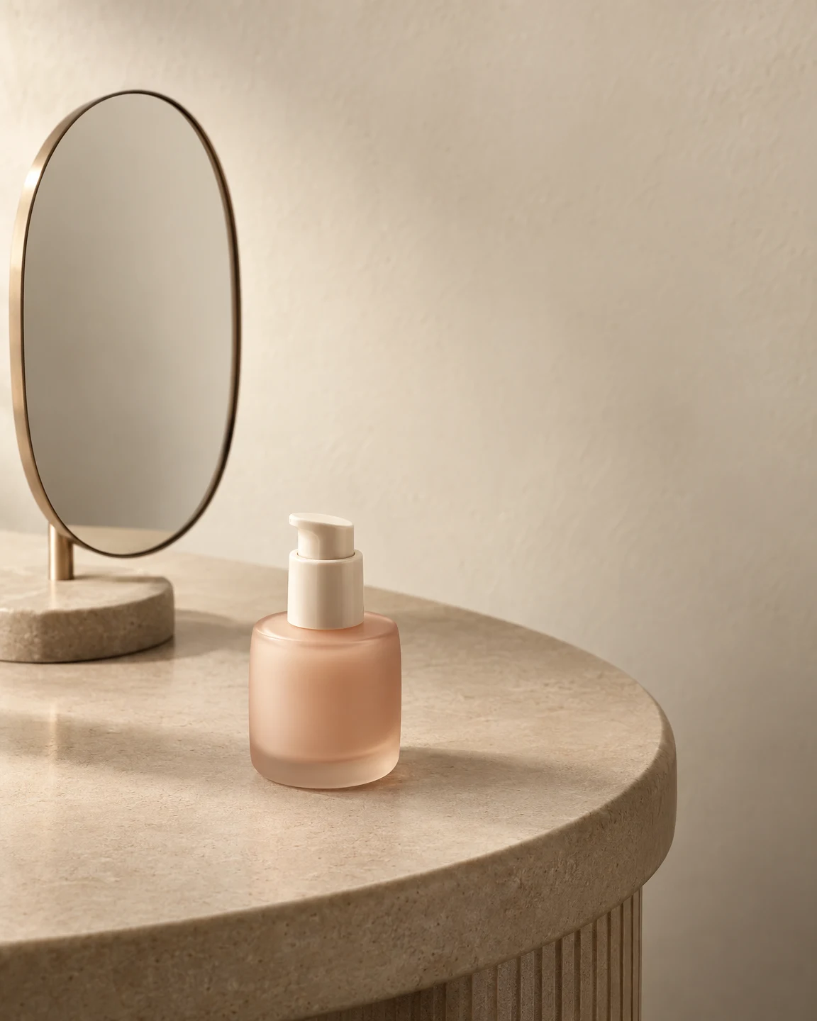 A muted-peach frosted cosmetic bottle with an ivory pump sits on a rounded sand-coloured vanity table, with a large oval mirror at the left against a warm…