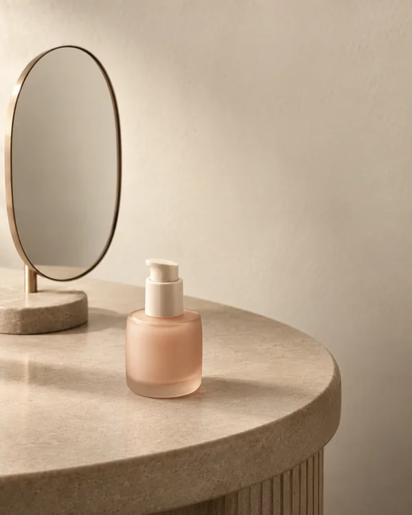 A muted-peach frosted cosmetic bottle with an ivory pump sits on a rounded sand-coloured vanity table, with a large oval mirror at the left against a warm…