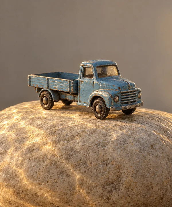 A weathered powder-blue toy flatbed truck with an empty bed rests on the rounded crown of a large pale stone, against a warm-gray background with golden light…