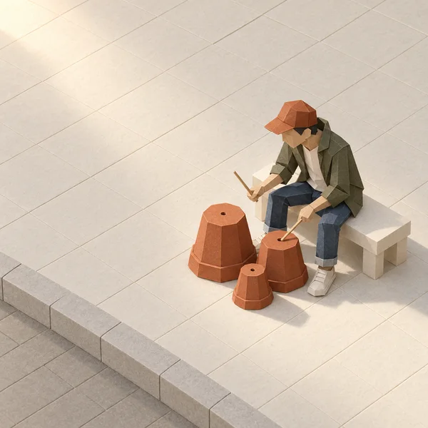 A folded-paper figure in a rust-colored cap sits on a pale bench and plays three upside-down terracotta-colored flowerpots with wooden sticks on a tiled plaza…