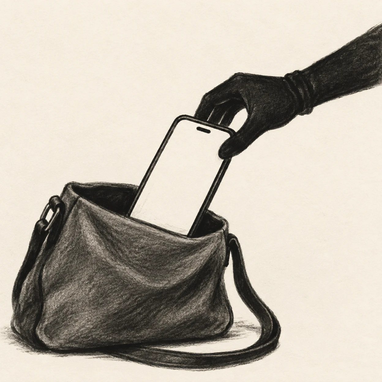A charcoal illustration shows a dark gloved hand reaching in from the upper right and lifting a blank-screen smartphone from an open shoulder bag.