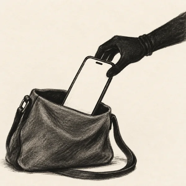 A charcoal illustration shows a dark gloved hand reaching in from the upper right and lifting a blank-screen smartphone from an open shoulder bag.