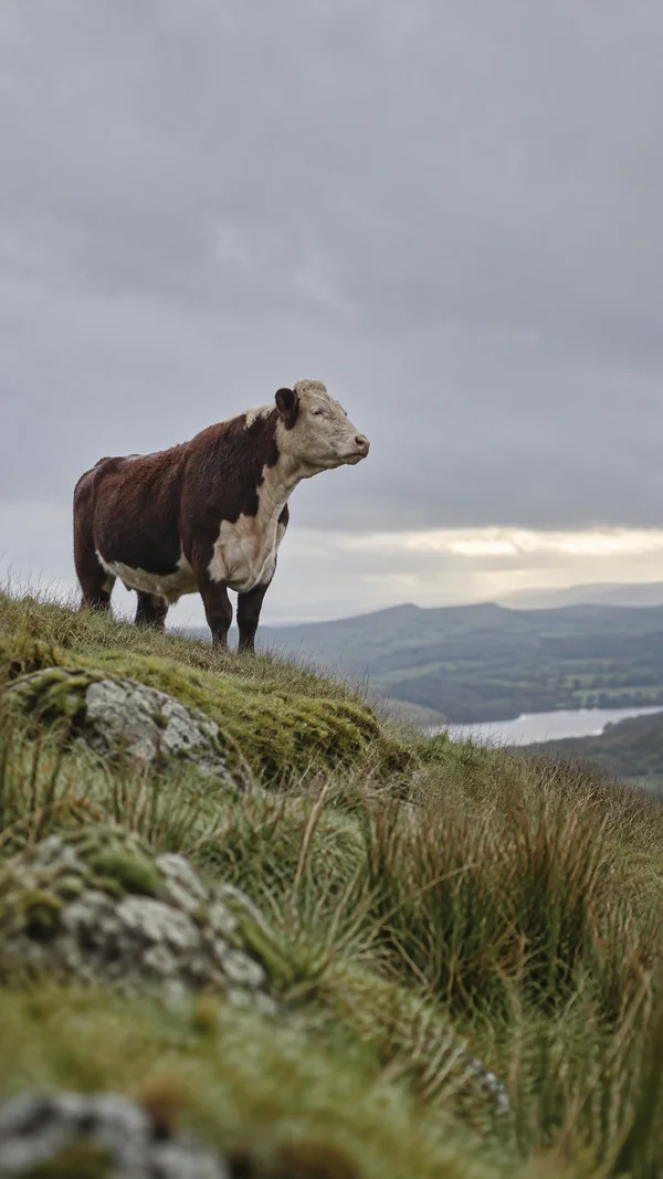 A dark brown and cream cow stands on a grassy ridge, looking across a valley beneath a broad pale grey sky.