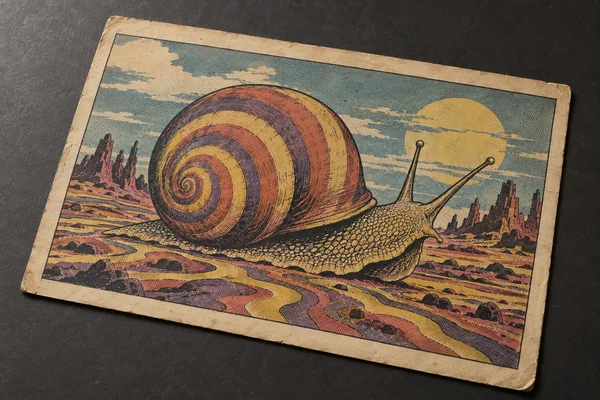 A worn, yellowed comic page lies diagonally on a charcoal tabletop, showing a giant snail with a banded orange, violet, and yellow shell crossing a rippled…