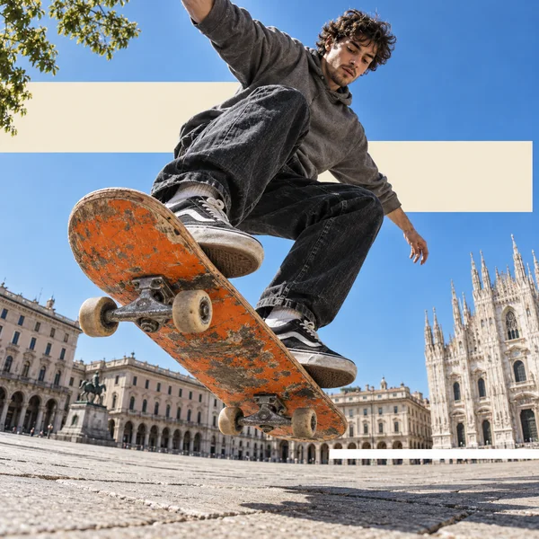 A skateboarder launches above a stone-paved historic square, with a heavily scuffed orange board filling the foreground, ornate cathedral spires behind him and…