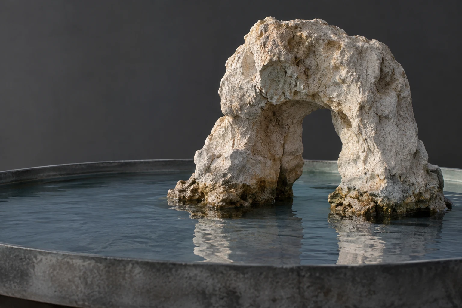 A rough pale stone sea arch stands in shallow blue-grey water inside a wide dark metal basin, with its reflection visible below and a charcoal studio…