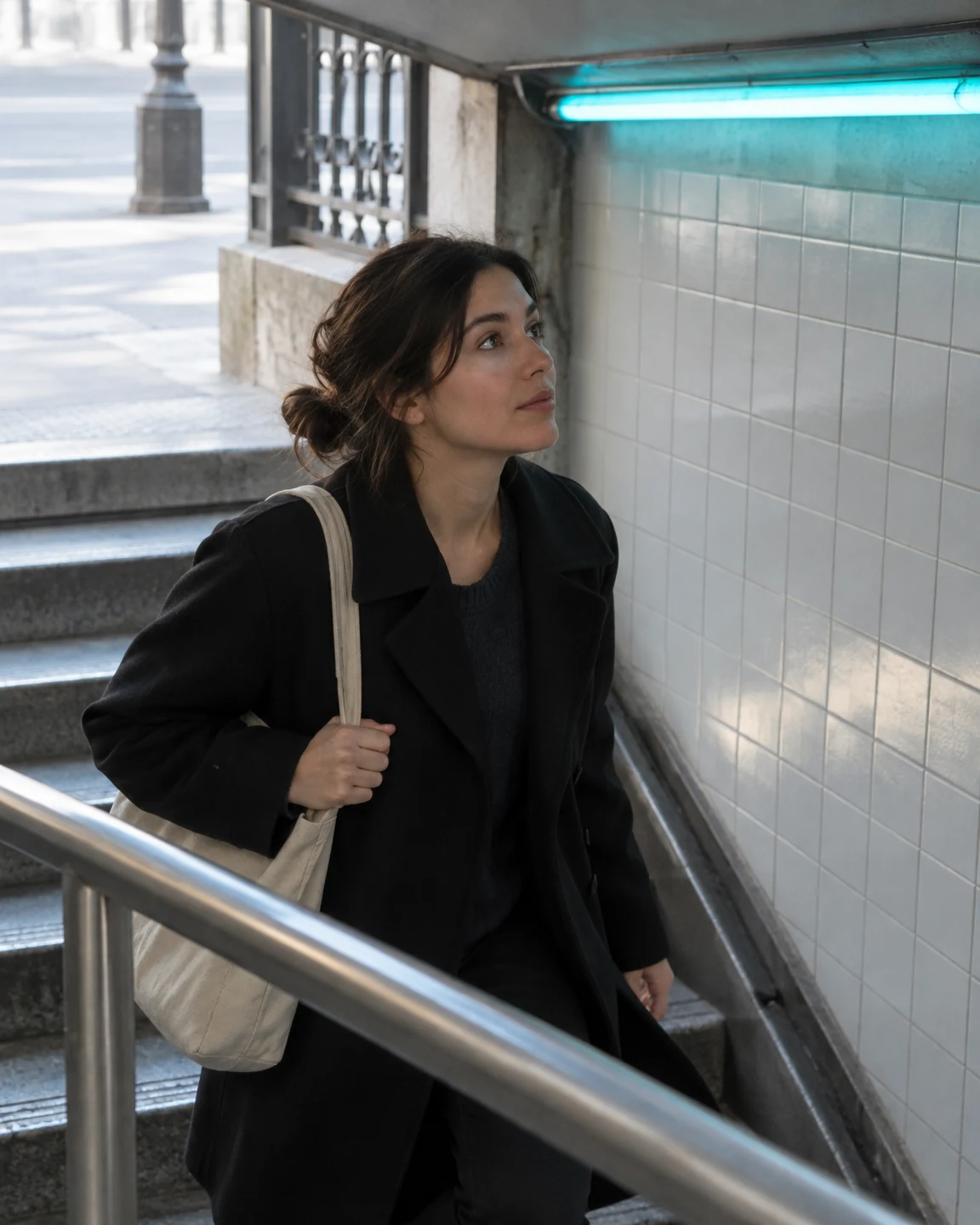 A woman in a dark coat climbs a tiled subway stairwell, looking upward while holding the strap of a canvas shoulder bag.