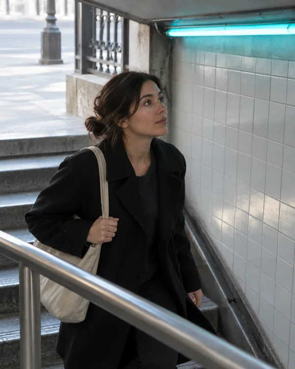 A woman in a dark coat climbs a tiled subway stairwell, looking upward while holding the strap of a canvas shoulder bag.