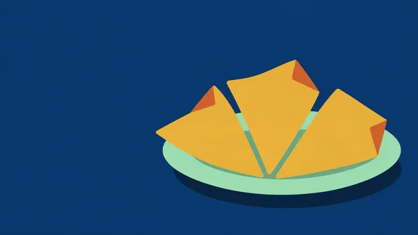 Three large golden tortilla chips with burnt-orange folded corners fan across a pale mint elliptical plate against a deep blue background, with a dark oval…