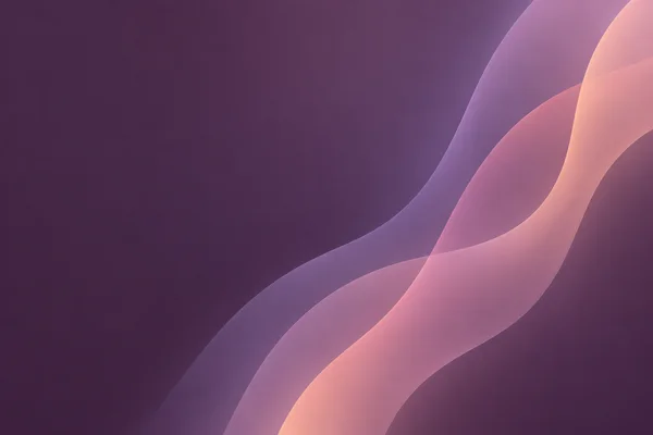 Three broad translucent lavender, rose and peach gradient bands curve diagonally upward across the right half of a dark aubergine background, leaving the left…