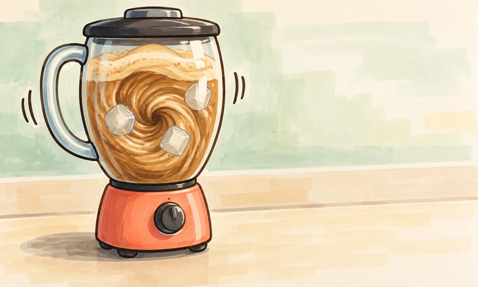 A hand-drawn illustration of a coral-base blender on a kitchen counter, filled with tan swirling iced coffee, three ice pieces and a band of foam.