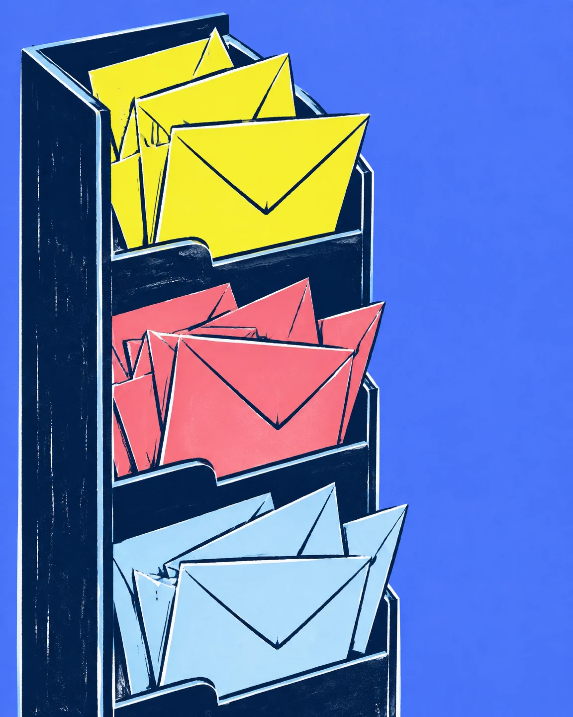 A tall dark indigo postal rack holds groups of yellow, coral pink and pale blue envelopes against a bright blue background, with open space to the right.
