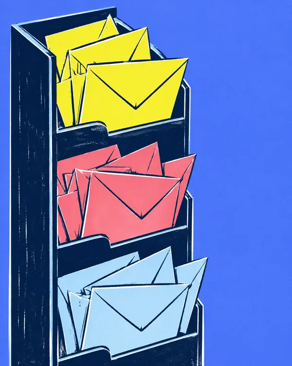 A tall dark indigo postal rack holds groups of yellow, coral pink and pale blue envelopes against a bright blue background, with open space to the right.