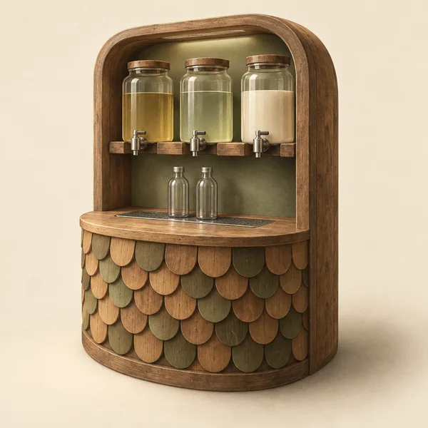 A compact rounded timber refill kiosk stands against a warm cream background, with three glass dispensers and metal taps above two empty bottles on a curved…